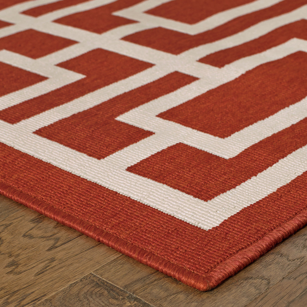 2' X 8' Red and Ivory Geometric Stain Resistant Indoor Outdoor Area Rug-2