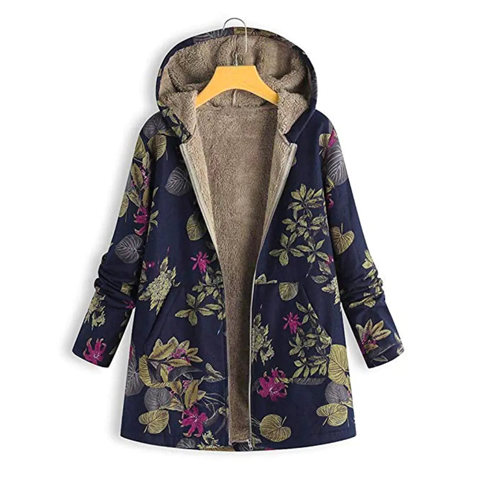 Plus Size Floral Print Hoodie Zipper Coat with Fleece