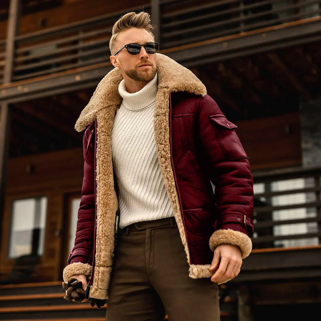 Men's Thick Plush Leather Mid-Length Coat (Large Size)