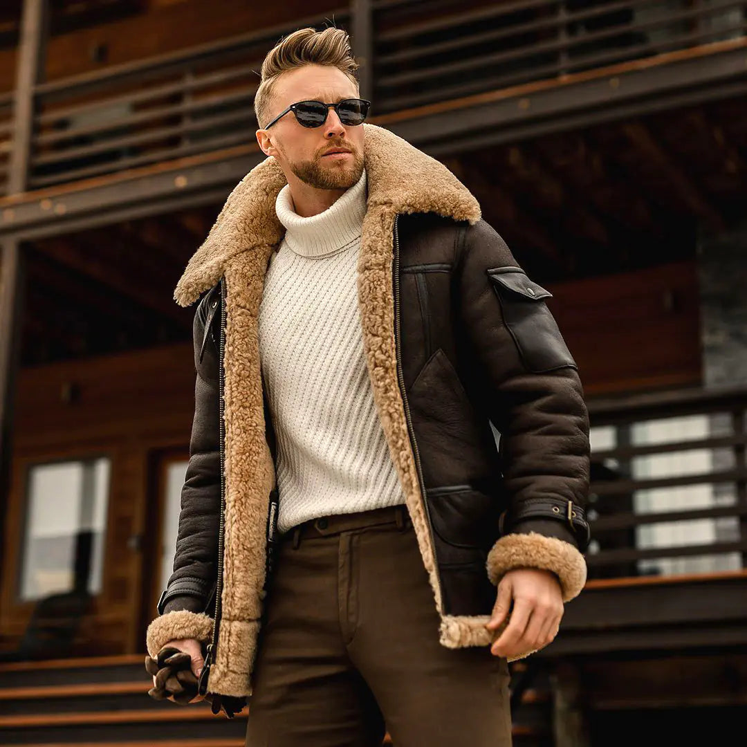Men's Thick Plush Leather Mid-Length Coat (Large Size)