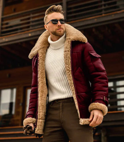 Men's Thick Plush Leather Mid-Length Coat (Large Size)