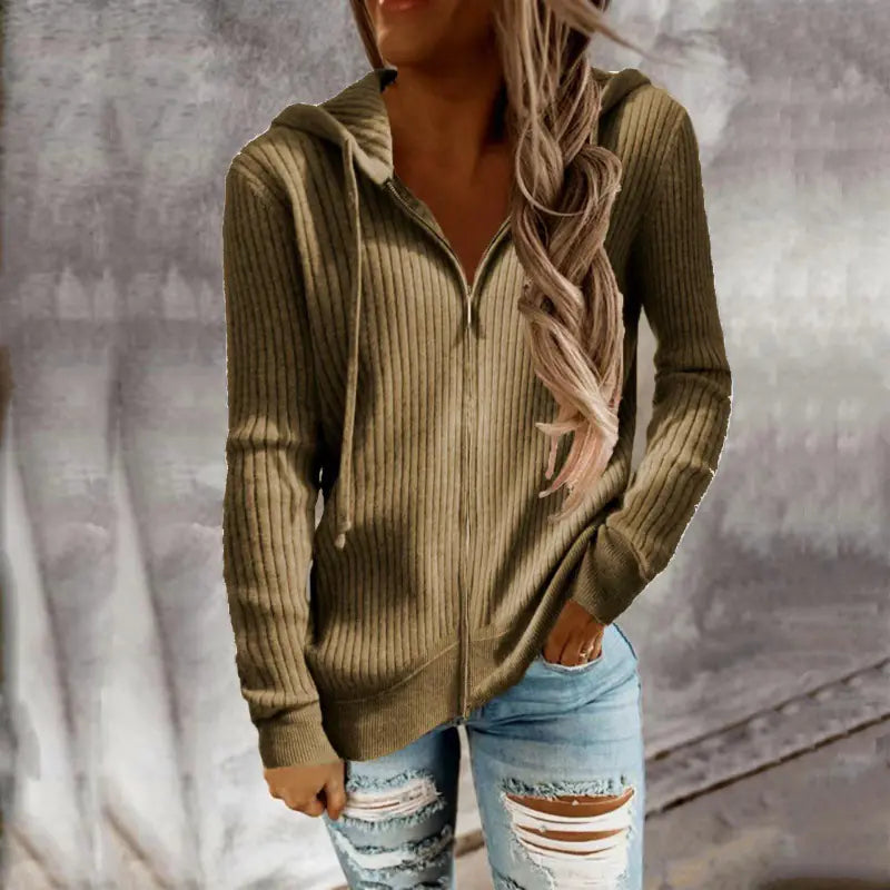Women's Casual Hooded Cardigan Sweater in Solid Color