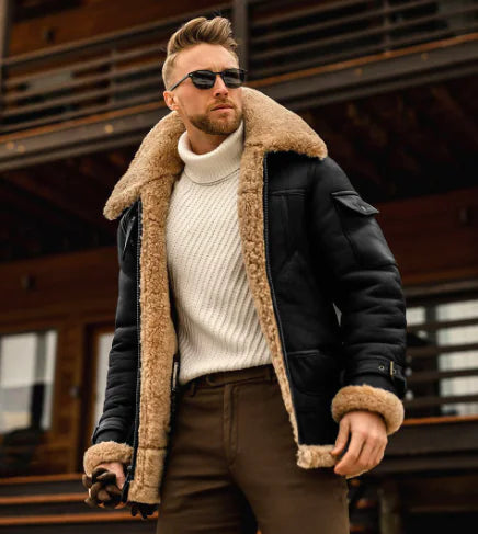 Men's Thick Plush Leather Mid-Length Coat (Large Size)