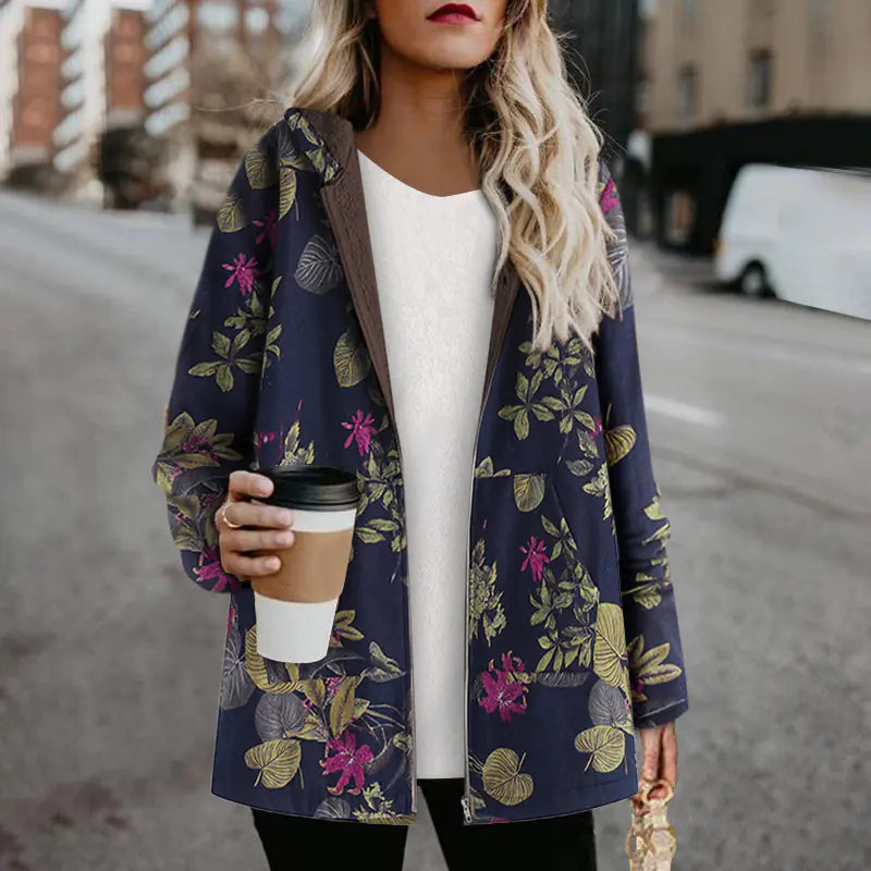 Plus Size Floral Print Hoodie Zipper Coat with Fleece