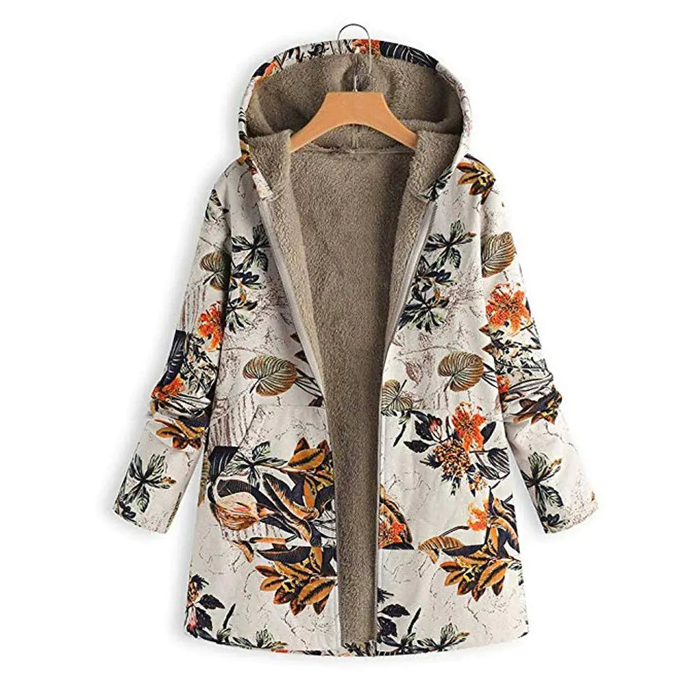 Plus Size Floral Print Hoodie Zipper Coat with Fleece