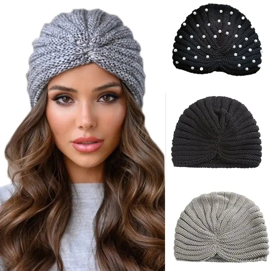 Bohemian Knitted Pearl Headscarf Hat and Headband