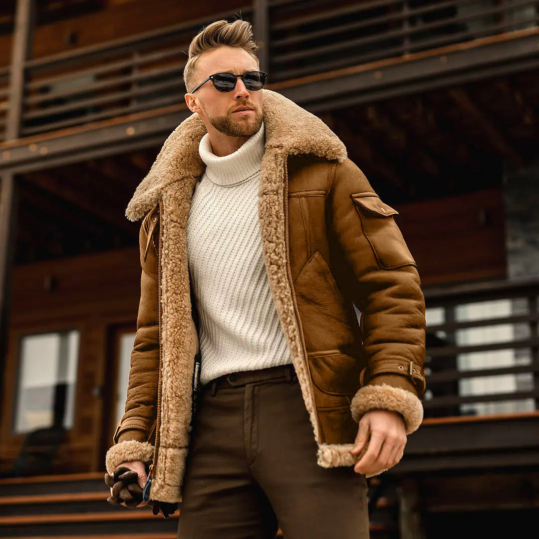 Men's Thick Plush Leather Mid-Length Coat (Large Size)