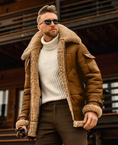 Men's Thick Plush Leather Mid-Length Coat (Large Size)