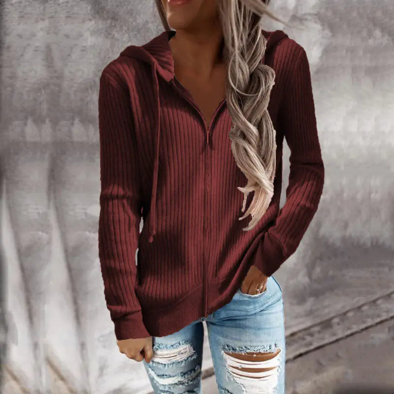 Women's Casual Hooded Cardigan Sweater in Solid Color