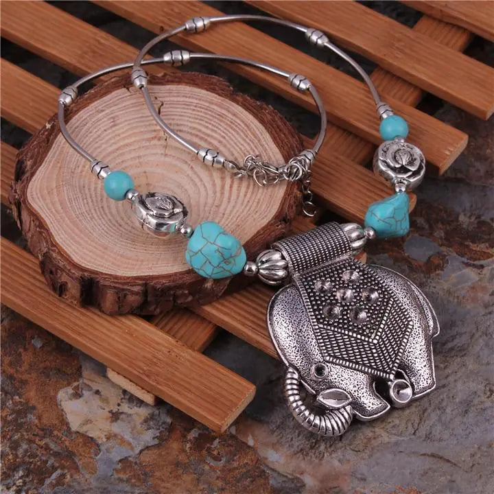 Turquoise Elephant Pendant, Bohemian Necklace