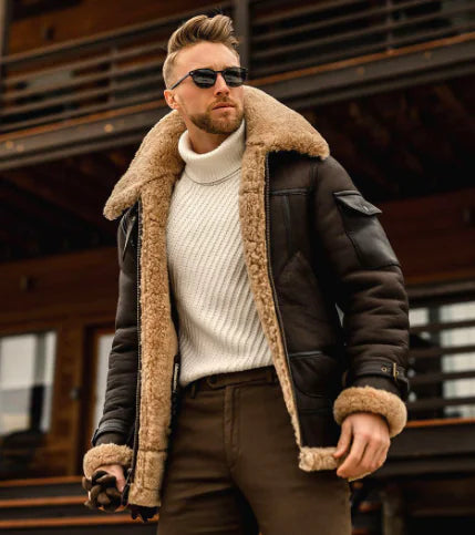 Men's Thick Plush Leather Mid-Length Coat (Large Size)