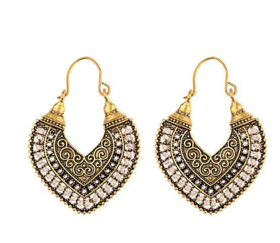 Ethnic Heart Earrings - Bohemian Alloy Vintage Style (Pair)