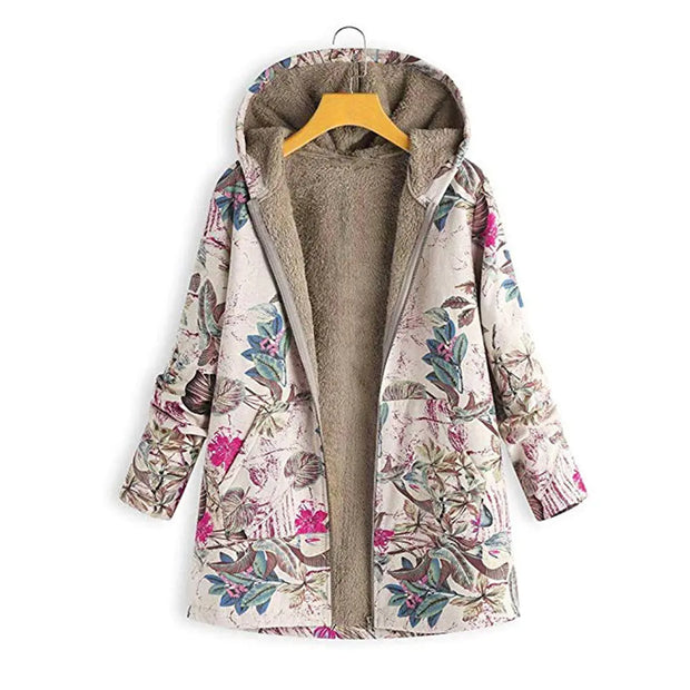 Plus Size Floral Print Hoodie Zipper Coat with Fleece