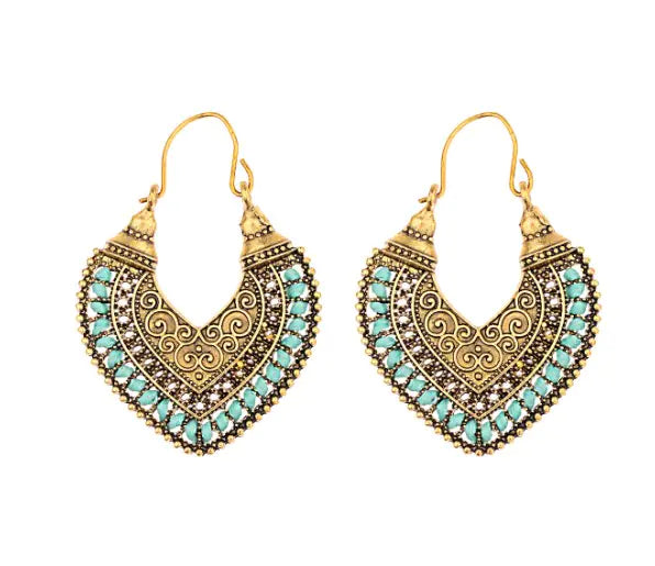 Ethnic Heart Earrings - Bohemian Alloy Vintage Style (Pair)