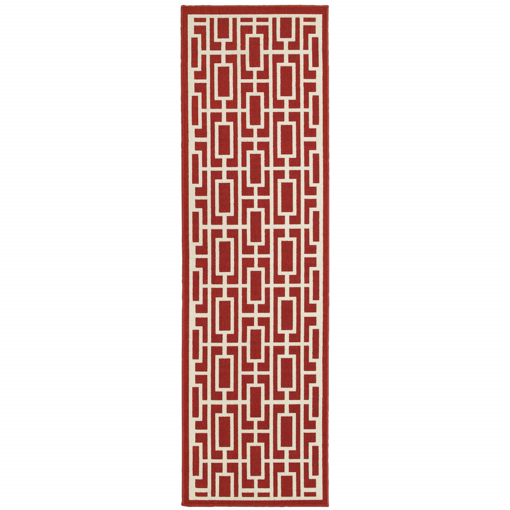 2' X 8' Red and Ivory Geometric Stain Resistant Indoor Outdoor Area Rug-0