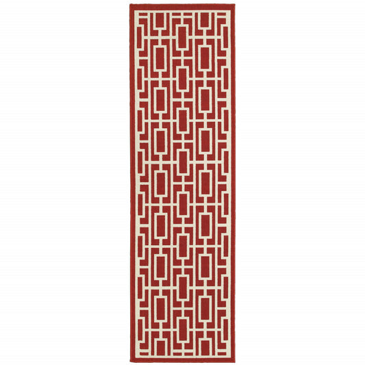 2' X 8' Red and Ivory Geometric Stain Resistant Indoor Outdoor Area Rug-0