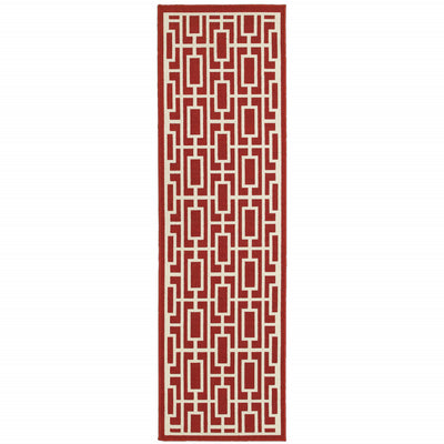 2' X 8' Red and Ivory Geometric Stain Resistant Indoor Outdoor Area Rug-0
