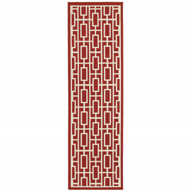 2' X 8' Red and Ivory Geometric Stain Resistant Indoor Outdoor Area Rug-0