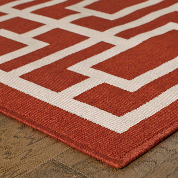 2' X 8' Red and Ivory Geometric Stain Resistant Indoor Outdoor Area Rug-2