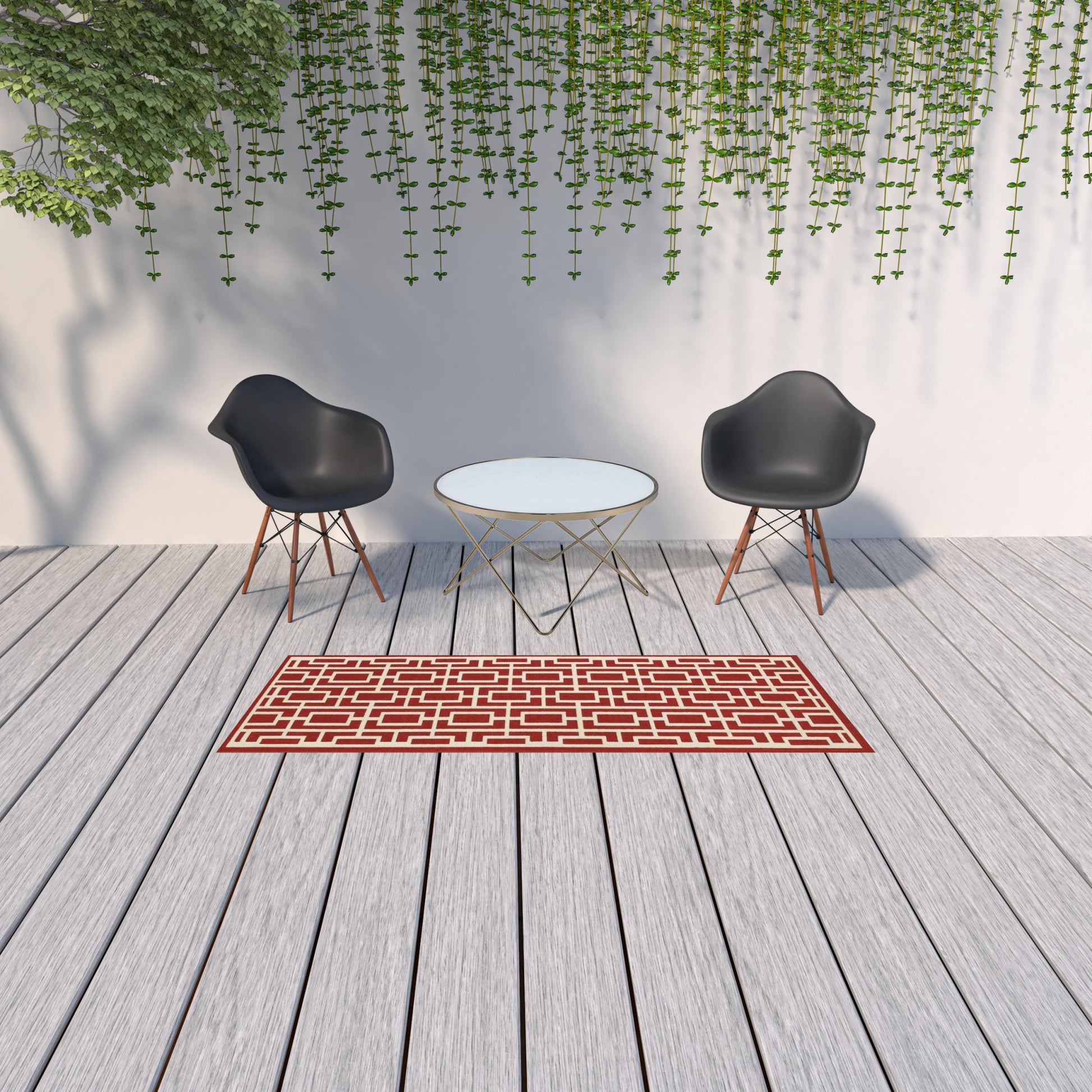 2' X 8' Red and Ivory Geometric Stain Resistant Indoor Outdoor Area Rug-1