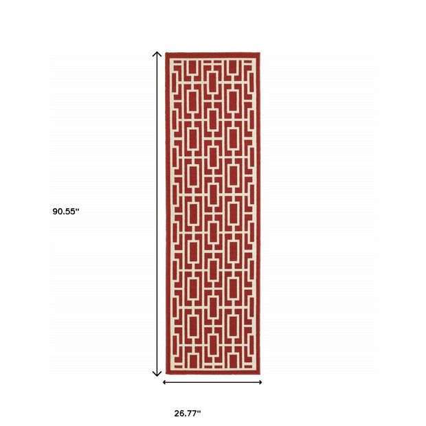 2' X 8' Red and Ivory Geometric Stain Resistant Indoor Outdoor Area Rug-3