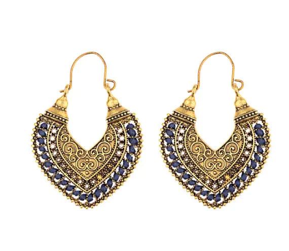Ethnic Heart Earrings - Bohemian Alloy Vintage Style (Pair)