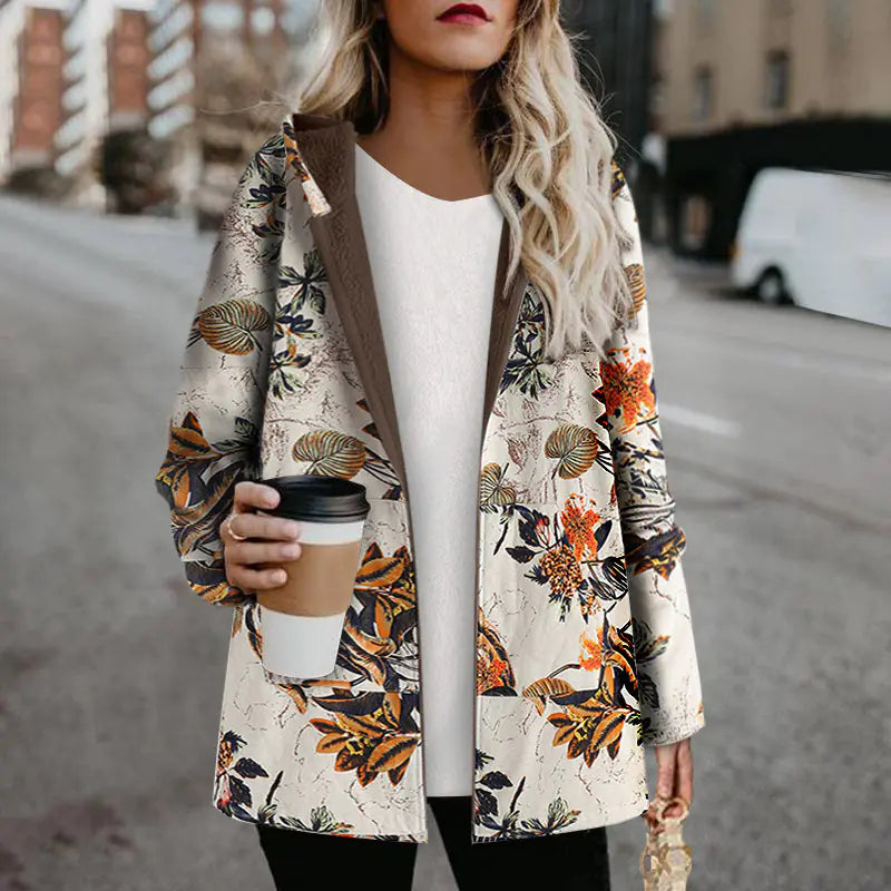 Plus Size Floral Print Hoodie Zipper Coat with Fleece