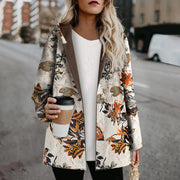 Plus Size Floral Print Hoodie Zipper Coat with Fleece