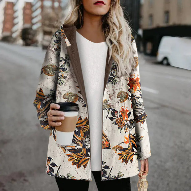 Plus Size Floral Print Hoodie Zipper Coat with Fleece