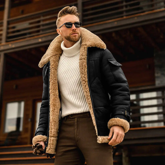 Men's Thick Plush Leather Mid-Length Coat (Large Size)