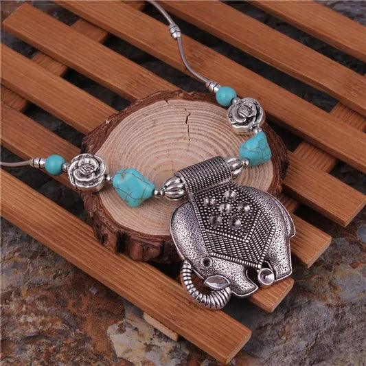 Turquoise Elephant Pendant, Bohemian Necklace