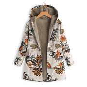 Plus Size Floral Print Hoodie Zipper Coat with Fleece