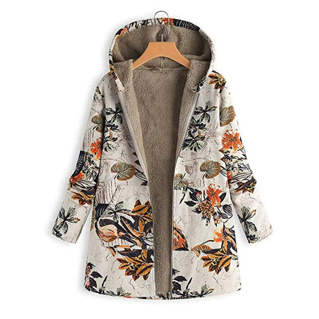 Plus Size Floral Print Hoodie Zipper Coat with Fleece