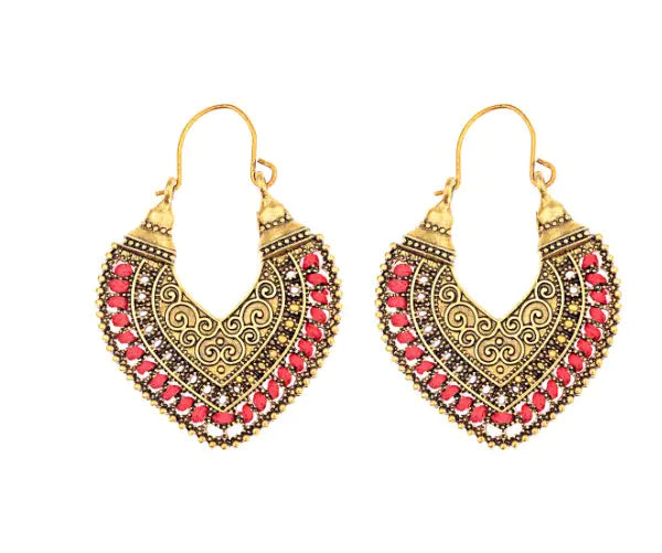 Ethnic Heart Earrings - Bohemian Alloy Vintage Style (Pair)