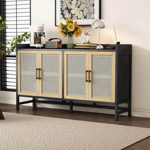 Wood and Ratan Weave Side Cabinet