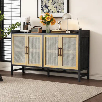 Wood and Ratan Weave Side Cabinet
