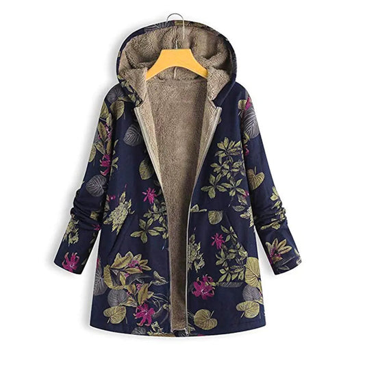 Plus Size Floral Print Hoodie Zipper Coat with Fleece