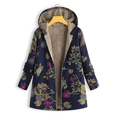 Plus Size Floral Print Hoodie Zipper Coat with Fleece