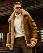 Men's Thick Plush Leather Mid-Length Coat (Large Size)