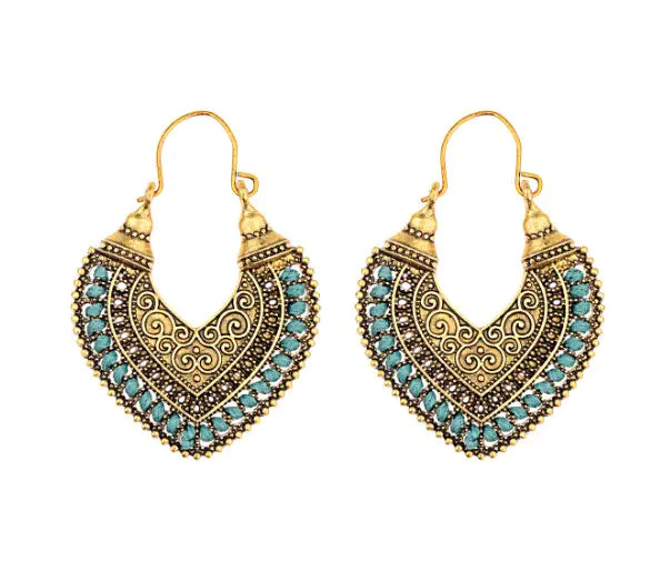 Ethnic Heart Earrings - Bohemian Alloy Vintage Style (Pair)