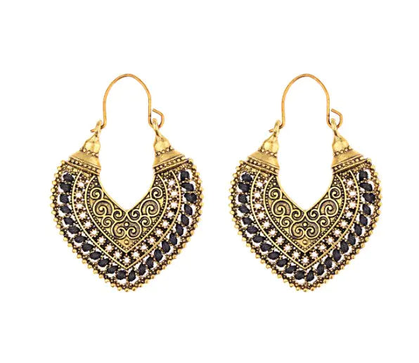 Ethnic Heart Earrings - Bohemian Alloy Vintage Style (Pair)